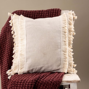 Neutrale linnen bankkussensloop, rustieke kwastkussenhoes, boho-stijl decoratief sierkussen, perfecte kussenhoes, ideaal voor woondecoratie
