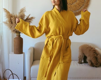 4 Layer Mustard Muslin Unisex Bathrobe, Soft Boho Gauze Robe, Cozy Turkish Cotton Dressing Gown, Lightweight Comfy Pockets Kimono Bathrobe