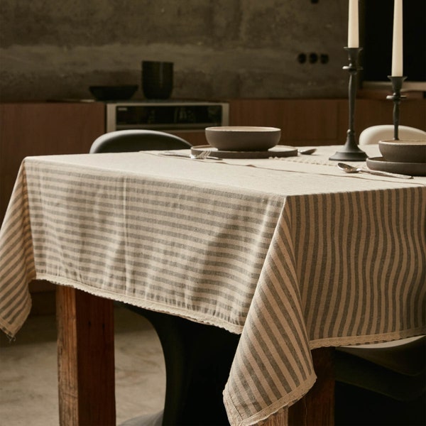 Nappe à rayures colorées en lin de coton, linge de table de ferme de taille personnalisée en lin naturel