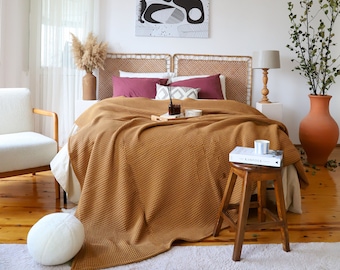Caramel Waffle Turkish Cotton Bed Cover, Queen King, Farmhouse Throw