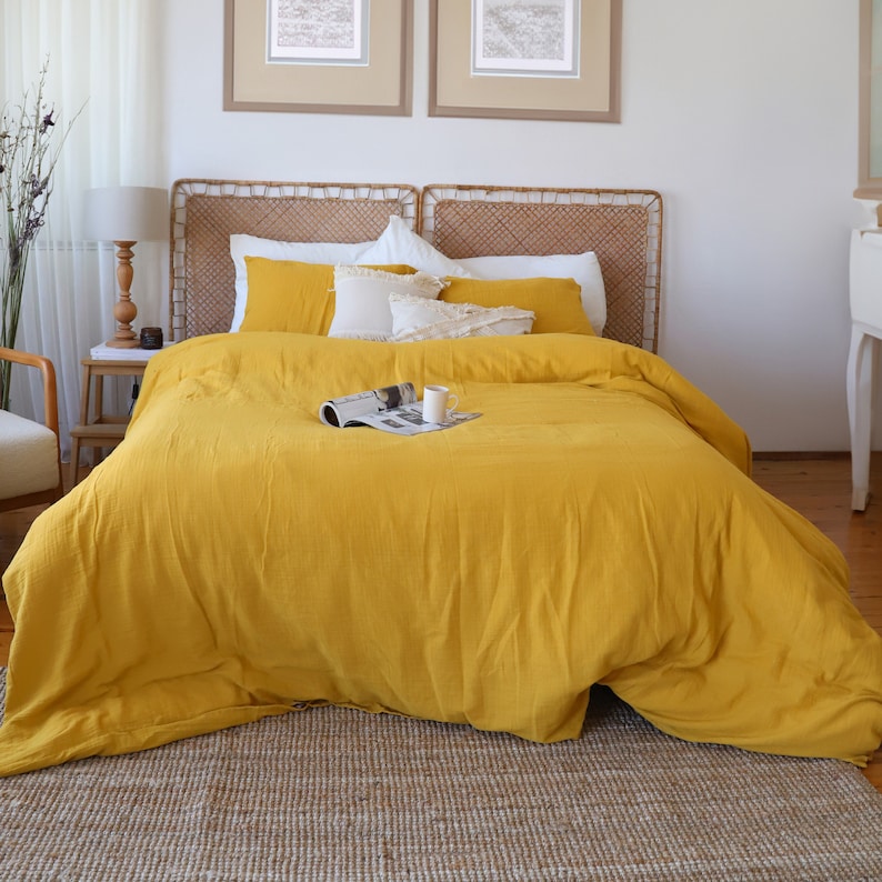 Queen size muslin duvet cover with corner ties detail, showing secure duvet attachment system