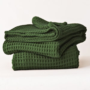 Waffle Bath Towels, Organic Turkish Cotton Quick Dry Waffle Weave Bath Towels for Bathroom Spa Hammam, Dark Green Decorative Waffle Towel