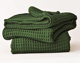 Waffle Bath Towels, Organic Turkish Cotton Quick Dry Waffle Weave Bath Towels for Bathroom Spa Hammam, Dark Green Decorative Waffle Towel