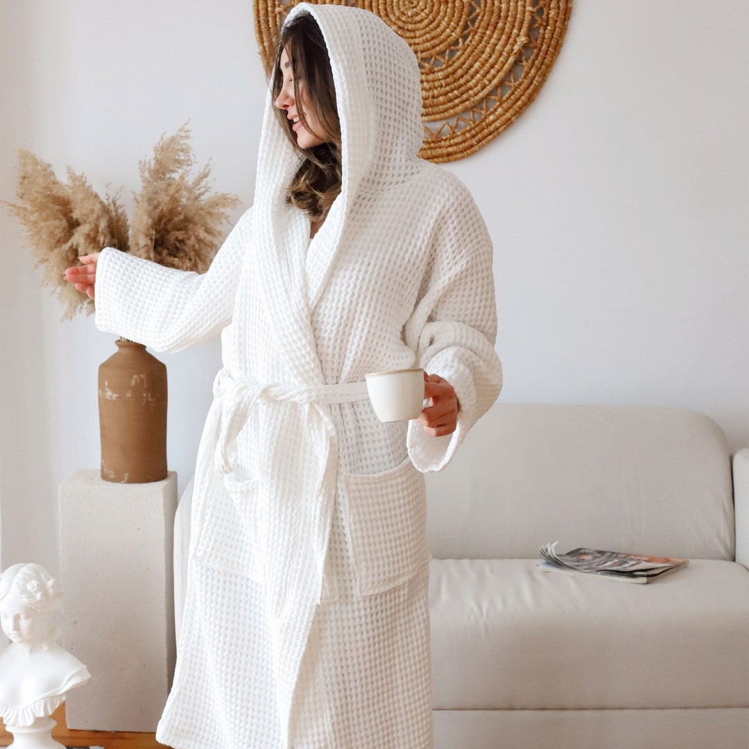 Oversized Unisex White Hotel Robe, Luxury Hooded Bathrobe, Soft Bathing