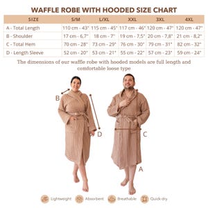 Size chart for the waffle robe from S/M to 4XL with total length, shoulder, hem and sleeve measurements – elegant cotton waffle housecoat