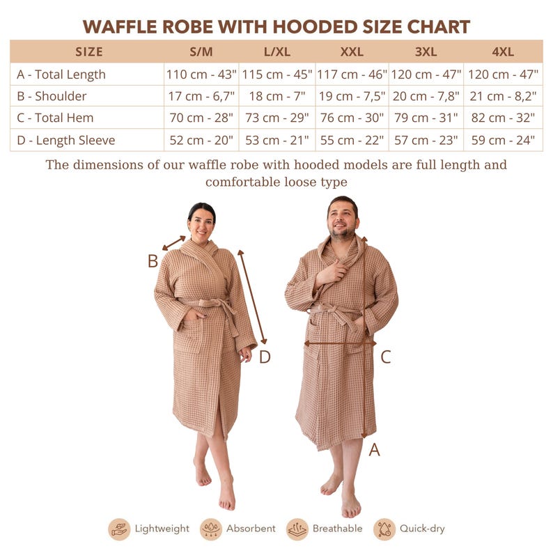 Size chart for the waffle robe from S/M to 4XL with total length, shoulder, hem and sleeve measurements – elegant cotton waffle housecoat