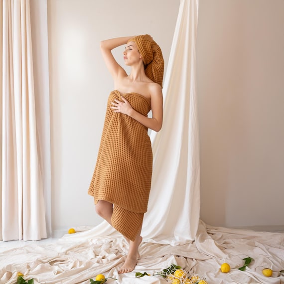Waffle Weave Towel Set in Caramel, Turkish Cotton Terracotta Bath & Hand Towels, Rust Burnt Orange Bathroom Decor, Housewarming Gift