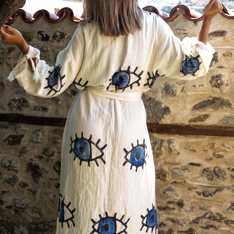 beach wear, beach cover up, boho robe, long white robe, kimono women, bridesmaid robe, cotton robe, festival wear, robes for women, boho kimono, stone printed kimono, lounge wear, evil eyes robe