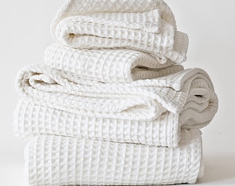 White Waffle Towels Sets for Bathroom, Organic Turkish Cotton Luxury Soft Quick-Dry Waffle Weave Bath Towels Hand Towels and Washcloths