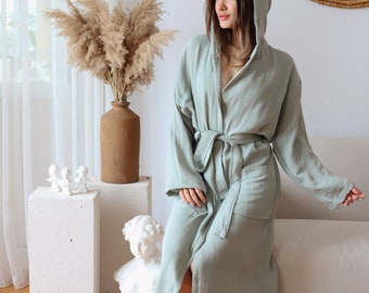 Summer Breeze Turkish Cotton Gauze Robe, Double Layered Muslin Bathrobe with Hood, Unisex Lightweight and Thin Perfect for Dressing Gown
