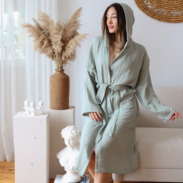 Summer Breeze Turkish Cotton Gauze Robe, Double Layered Muslin Bathrobe with Hood, Unisex Lightweight and Thin Perfect for Dressing Gown