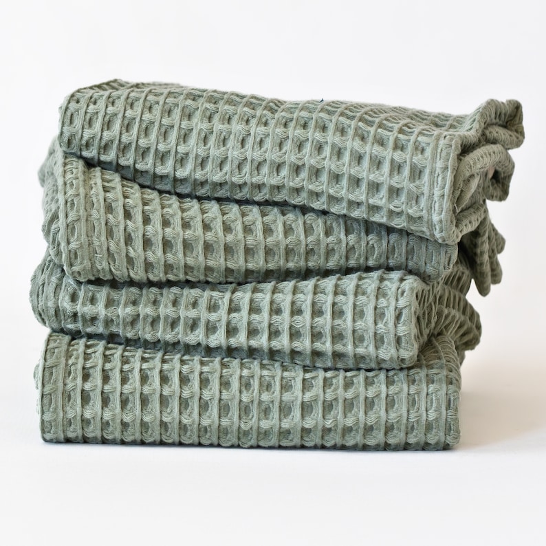 Sage Green Waffle Towels Sets for Bathroom, Organic Turkish Cotton Luxury Waffle Weave Bath Towels Hand Towels and Washcloths - Sage Green Towels ETSY-3