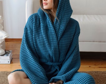 Indigo Blue Robe, Thick Turkish Cotton Waffle Bathrobe with Hood, Navy Denim Blue Hooded Robe for Women & Men, 12 Colors