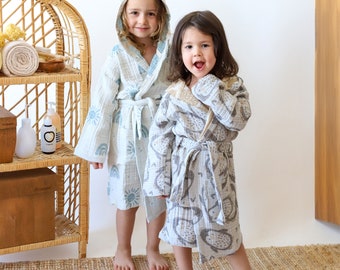 Turkish Cotton Patterned Baby Bathrobe, 3 Layer Muslin Hooded and Pocket Children Robe, Luxury Baby Shower Gift, Soft Gauze Kids Bathrobe