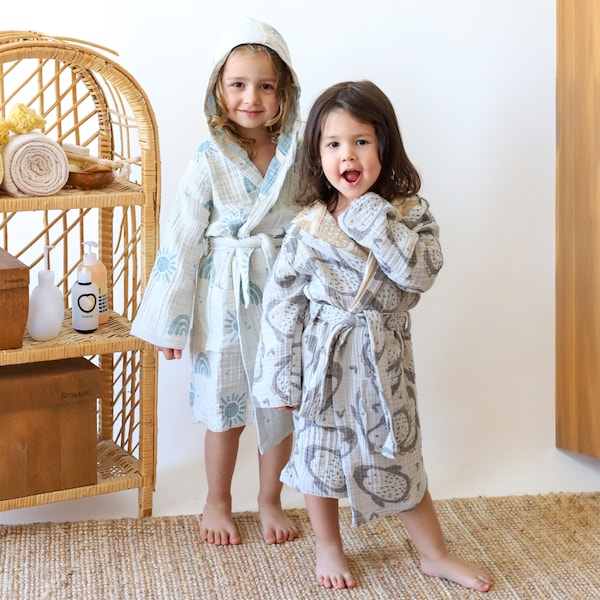 Peignoir bébé à motifs en coton turc, robe pour enfants à capuche et poche en mousseline 3 couches, cadeau de douche de bébé de lux