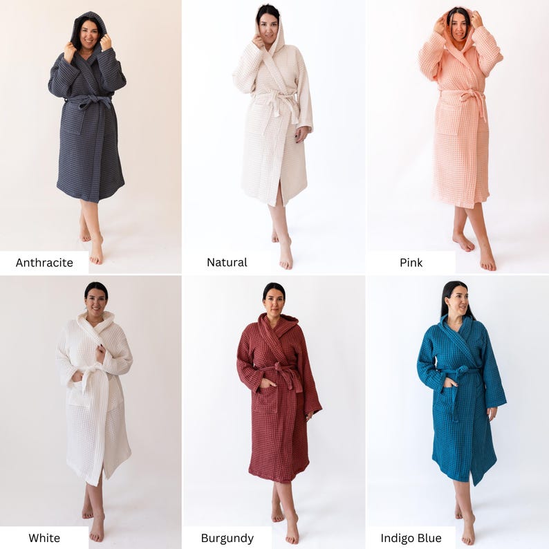 Color chart of the waffle robe: six of the twelve available colors shown on a model, including neutrals and deep tones – elegant cotton waffle housecoat