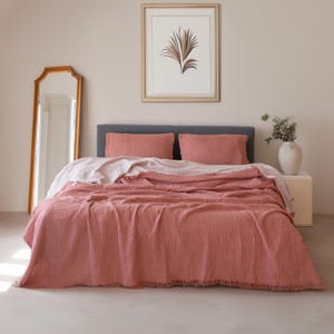 Terracotta Muslin Bedspread, 4 Layer Cotton Gauze Throw in Warm Earth Tones, Plum Pink Rust Fringe Blanket, Cozy Bedroom Accent, Queen King
