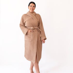 Front view of the tan brown waffle housecoat, elegant relaxed fit – elegant cotton waffle housecoat