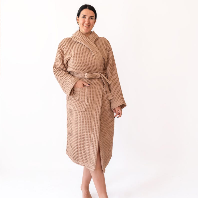 Front view of the tan brown waffle housecoat, elegant relaxed fit – elegant cotton waffle housecoat