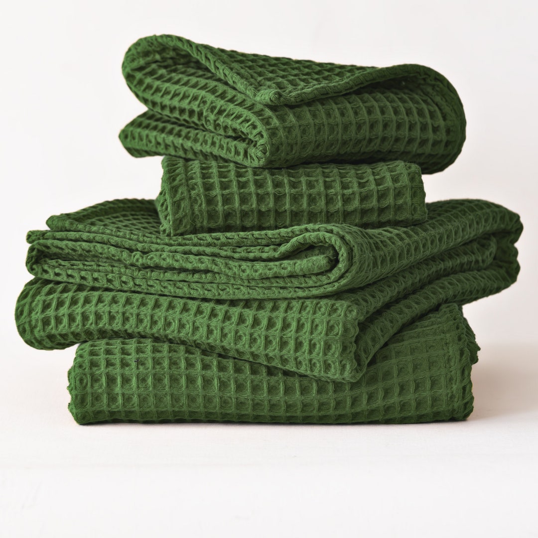 Dark Green Waffle Towels Sets for Bathroom, Organic Turkish Cotton ...