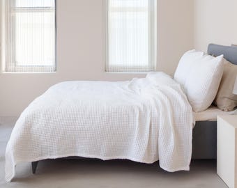 Summer Blanket Queen King, Soft Cotton Waffle Bed Cover, Lightweight Bedspread, OEKO-TEX Turkish Cotton Throw, Breathable All Season Quilt