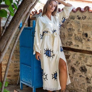 Stone Printed Muslin Kimono, Organic Cotton Handmade Caftan Robe, Boho Natural Gauze Dressing Gown, Soft Homewear, Cozy Long Bathrobe