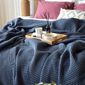 Anthracite Waffle Cotton Bed Cover, Queen or King Size Bedspread, Soft Bed Throw, Farmhouse Gift Throw Blanket, Light Waffle Blanket Summer