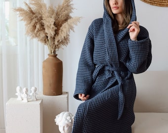 Elegant Cotton Waffle Robe, Thick Hooded Bath Wear, Natural Kimono Dressing Gown, Luxury Unisex Housecoat With Pocket, Soft Weave Spa Robe