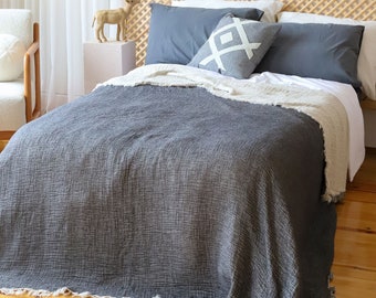 Couvre-lit en mousseline double couleur 4 couches, couverture en pur coton turc, couette en gaze froissée, couverture Boho légère