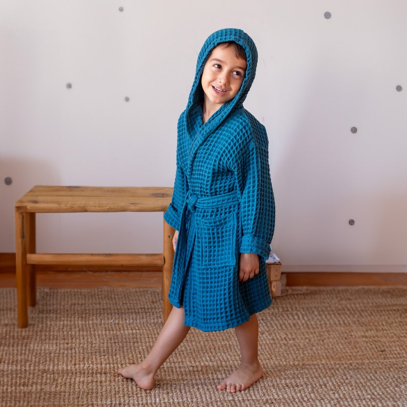 Elegant Waffle Weave Baby Bathrobe, Luxurious Hooded Infant Robe, Soft and Thick Toddler Dressing Gown, Ideal Baby Shower or Newborn Gift Indigo Blue