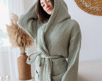 Oversized Turkish Cotton Waffle Robe, Hooded Spa Bathrobe