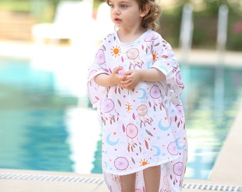 Soft 2 Layer Muslin Patterned Kids Poncho, Turkish Cotton Breathable Hooded Beach Wear