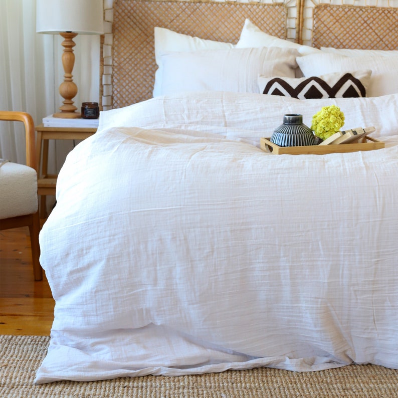 Soft cotton gauze muslin bedding set in natural beige, minimalist Scandinavian bedroom styling
