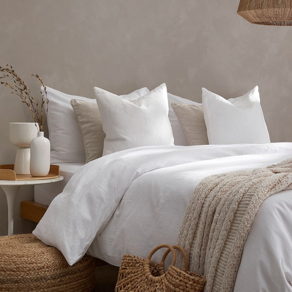 Farmhouse Inspired Stonewashed Cotton Linen Bedding Set: Soft King Duvet Cover with Natural Appeal, Minimalist White Queen Bedding Ensemble