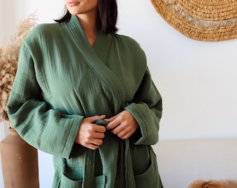 Peignoir surdimensionné 4 épaisseurs en mousseline de coton avec poches, peignoir kimono doux en gaze, robe de chambre unisexe confortable, cadeaux uniques pour demoiselle d'honneur