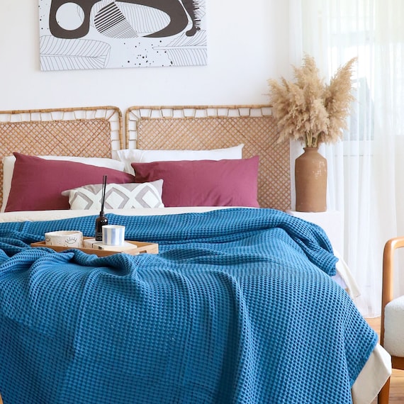 Indigo Blue Pure Cotton Organic High quality 4 Seasons Throw California King Queen Twin Toddler Waffle Blanket Adult Oversized Throw Etsy