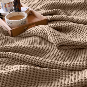 Brown Waffle Cotton Bed Cover, Queen or King Size Bedspread, Soft Bed Throw, Farmhouse Gift Throw Blanket, Light Waffle Blanket for Summer