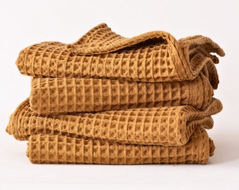 Organic Turkish Cotton Waffle Weave Towel Set, Caramel Brown
