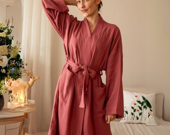 Lujosa bata de baño de muselina de doble capa, cómoda bata de kimono larga unisex de gasa, ropa de descanso elegante, liviana y delgada, perfecta para regalo