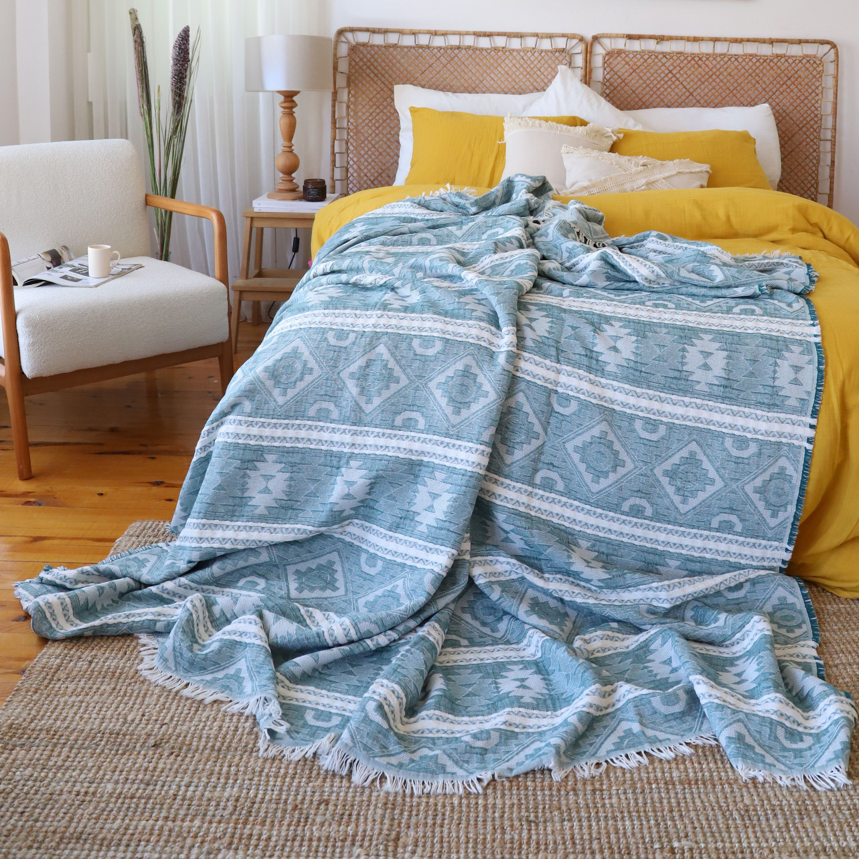 Vintage Boho Throw Blanket Reversible Natural Cotton Bedspread