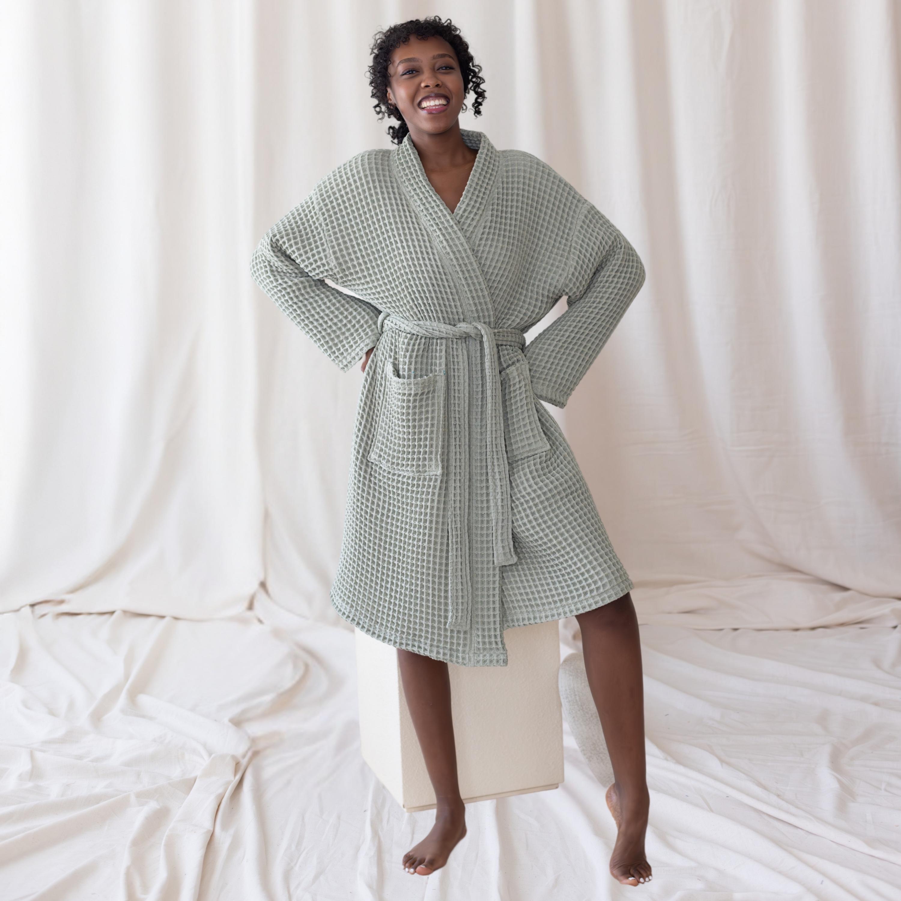 Organic Cotton Waffle Bathrobe, Luxury Spa Wear Kimono Robe