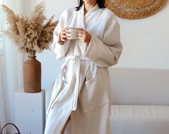 Soft Cotton Muslin Kimono Robe, 4 Layer Oversized Luxury Bath Wear, Natural Gauze Dressing Gown, Perfect Spa Gift for Him or Her