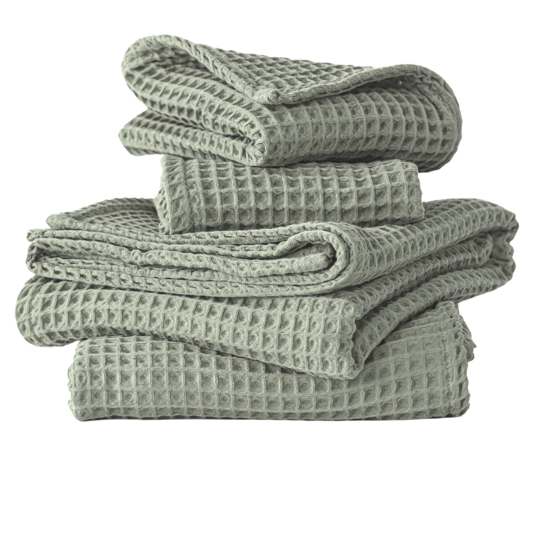 Sage Green Waffle Towels Sets for Bathroom, Organic Turkish Cotton ...