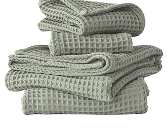 Sage Green Waffle Towels Sets for Bathroom, Organic Turkish Cotton Luxury Waffle Weave Bath Towels Hand Towels and Washcloths