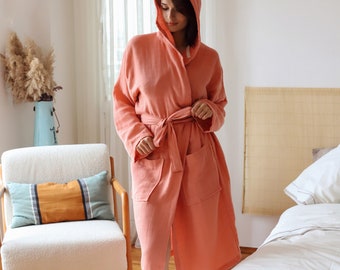 Turkish Cotton Gauze Robe, 2 Layer Hooded Muslin Bathrobe, Lightweight and Thin Dressing Gown, Soft Bath Wear With Pocket, Summer Beach Robe