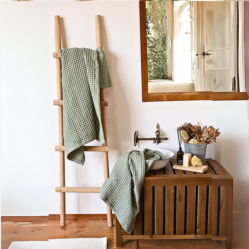Sage Green Waffle Towels Sets for Bathroom, Organic Turkish Cotton Luxury Waffle Weave Bath Towels Hand Towels and Washcloths - Sage Green Towels ETSY-2