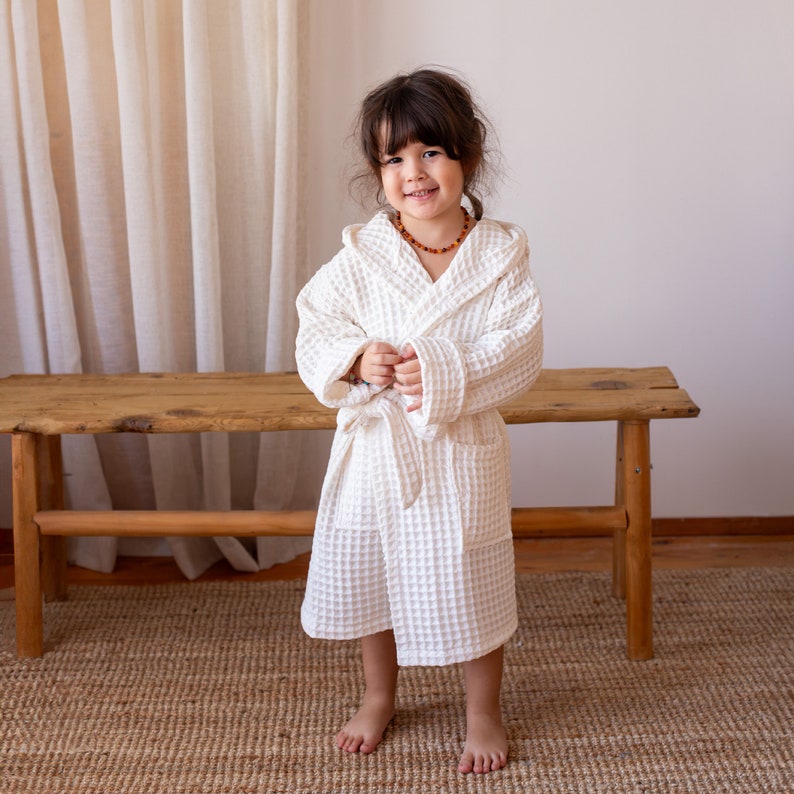 Elegant Waffle Weave Baby Bathrobe, Luxurious Hooded Infant Robe, Soft and Thick Toddler Dressing Gown, Ideal Baby Shower or Newborn Gift White