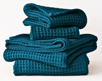 Indigo Blue Waffle Towels Sets for Bathroom, Organic Turkish Cotton Luxury Soft Quick-Dry Waffle Weave Bath Towels Hand Towels & Washcloths