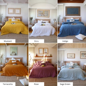 All available colors of muslin duvet cover set shown side by side: sage, burgundy, beige, white, anthracite
