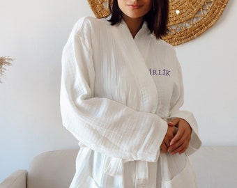 Customizable 4 Layer Muslin Bathrobe, Personalized Natural Gauze Robe, Embroidered Soft Bath Wear, Monogram Handmade Luxury Dressing Gown